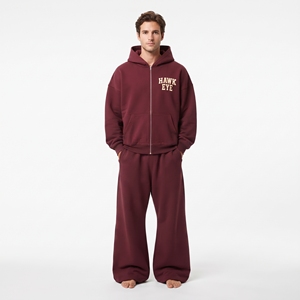 Men's Hooded Full <b>Zip</b> Kangaroo <b>Pocket</b> Tracksuit Maroon Color Cotton Fleece Oversized Fit Wide Leg <b>Jogger</b> Set - Product Image 2
