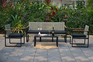 Outdoor Wicker Sofa Set with <b>Black</b> Cushions and Glass Coffee <b>Table</b> for <b>Garden</b> Patio Seating - Product Image 1