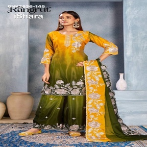 Ensemble Kurti-Plazzo de qualité supérieure en Chinon avec broderie ombrée et florale, et dupatta assortie, fournisseur de Surat - Product Image 1