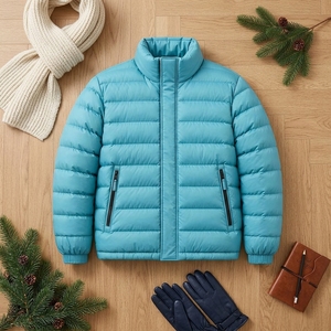 Veste matelassée unisexe bleu clair, manteau d'hiver à col montant, fermeture éclair, streetwear d'extérieur, vêtements personnalisés OEM ODM - Product Image 2