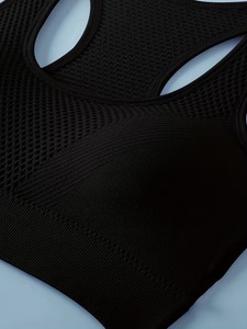 Women's Seamless Racerback Sports Bra | <b>Mesh</b> Back Ventilation Workout <b>Crop</b> <b>Top</b> | Nylon Spandex Padded Gym Bra Solid Black - Product Image 4