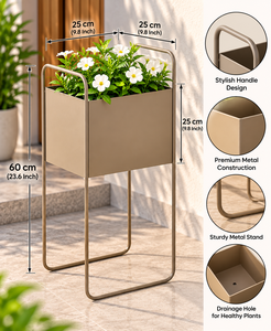 Jardinière moderne en métal taupe avec support tubulaire haut, pot de fleurs rectangulaire minimaliste pour maison, jardin et balcon contemporains - Product Image 2