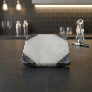 Posavasos Cuadrado de Mármol Blanco Hecho a Mano con Incrustaciones de Piedra Gris Natural, Resistente al Calor, Protector de Mesa para Hogar y Oficina - Product Image 3