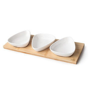 Set di servizio in ceramica con 3 ciotole e base in bambù per stoviglie da festa - Product Image 1