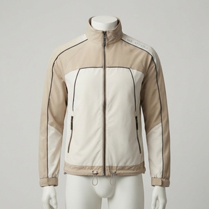 <b>Men</b> Beige <b>Cream</b> Color Block Hooded Windbreaker <b>Jacket</b> Full Zip Outdoor Sports <b>Jacket</b> with Multiple Zip Pockets - Product Image 1