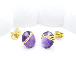 Handmade Amethyst <b>Studs</b> 8–10mm | Oval Wire Wrapped Purple Crystal Earrings | Spiritual Healing Gift - Product Image 4