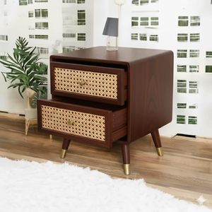 Mesa de Noche de Madera Maciza con Cajones de Ratán, Estilo Mid-Century, para Sala de Estar o Dormitorio - Product Image 2