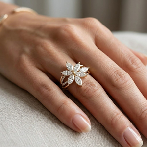 Anillo de Compromiso de Oro Sólido de 14K/18K, Oro Amarillo, con Forma de Marquesa, Diseño Floral, Joyería de Lujo para Mujer - Product Image 3