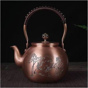 Traditional Chinese Metal Tea Kettle With <b>Lid</b> And Handle Copper Color Floral Design Water <b>Pot</b> - Product Image 1