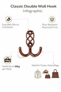 Porte-manteau mural double en métal de style antique décoratif, robuste, pour manteaux, chapeaux et clés, idéal pour l'entrée - Product Image 2