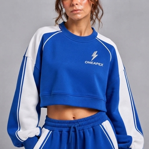 Ensemble survêtement décontracté pour femme, sweat-shirt court et pantalon large, color block bleu et blanc, streetwear, sportswear, personnalisable, marque privée - Product Image 6