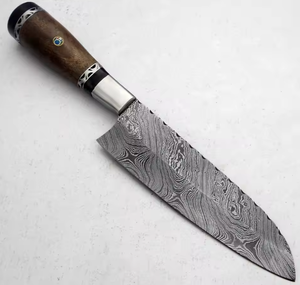 Cuchillo de Chef PRESTIGE BLADES Personalizable, Hecho a Mano con Acero de Damasco, Mango de Madera Moderno, Funda de Cuero Puro, Diseño Ambidiestro - Product Image 5
