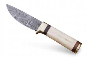 Outil utilitaire à lame fixe en acier Damas artisanal avec manche en os et laiton - Product Image 2