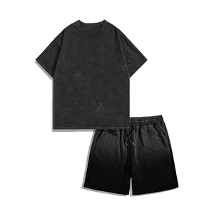 Men's <b>Knitted</b> Eco-Friendly 100% Cotton Terry Acid Wash Summer Casual Solid High Quality Customized Crew Neck T-Shirts Shorts <b>Set</b> - Product Image 1