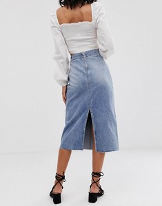 Jupe longue midi en jean déchirée taille haute, coupe crayon, bleu délavé, avec fermeture éclair arrière et fente, pour femme - Vente en gros - Product Image 1