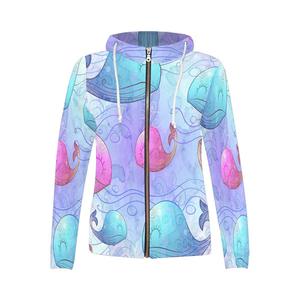 Women's Hooded Zip-Up Sweatshirt Cartoon Whale Print Full <b>Sleeve</b> Knitted Polyester Breathable Spring Wear - Product Image 2