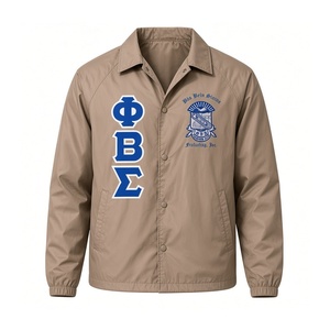 Phi Beta Sigma Khaki <b>Men</b> Coach <b>Jacket</b> Greek <b>Letter</b> Crest Design Snap Button Long Sleeve Lightweight Fraternity Brotherhood - Product Image 3