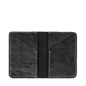 Textured <b>Black</b> Genuine <b>Leather</b> Vertical Bi Fold <b>Wallet</b> Slim Six Diagonal Card Slots White Contrast Stitching Cash Pocket Holders - Product Image 2