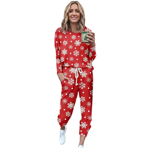 Survêtement imprimé rouge pour femmes, manches longues, col rond, pantalon à cordon de serrage, vêtements d'hiver décontractés avec poches latérales - Product Image 4