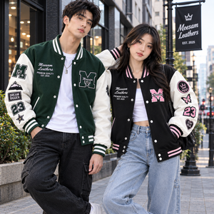 Blouson universitaire unisexe en coton, coupe classique, col montant, coupe-vent, avec patch lettres brodé et motif en relief, style preppy, automne - Product Image 1
