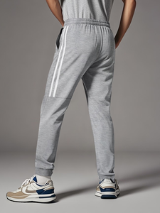Plus Size Men's Gray Sweatpants White Side Stripes Drawstring Waist Casual Joggers Midweight Knitted 100% Cotton Pants Autumn - Product Image 5