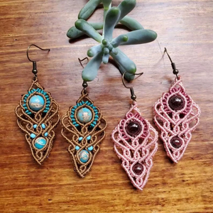 Handmade Boho Macrame Earrings Set Amethyst Dalmatian Jasper Opal Gemstone Dangle Earrings Artisan Jewelry Women - Product Image 1