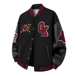 Highest Quality <b>Men</b> Varsity <b>Jacket</b> Black PU Leather Sleeve Patchwork Bomber <b>Jacket</b> Red Stripe Rib Streetwear <b>Baseball</b> Coat - Product Image 1