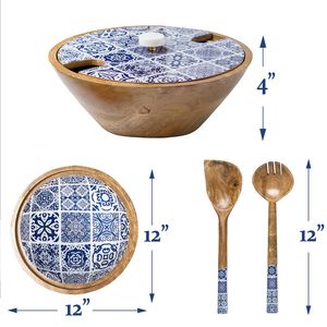 Bol de service en bois poli fait main indien, imprimé émail, écologique, compatible lave-vaisselle, design décoratif pour fêtes, fait main - Product Image 2