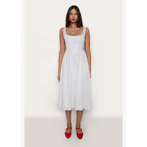 Robe midi blanche personnalisée pour femme, col carré, sans manches, coupe trapèze, robe décontractée d'été, OEM ODM - Product Image 4