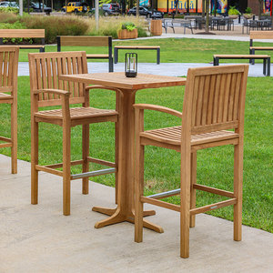 Table de bar en teck massif avec base à piétement unique et plateau à lattes pour un aménagement moderne de terrasse et de café en extérieur - Product Image 2
