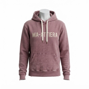 Women's Dusty Pink <b>Washed</b> Distressed Hoodie Fleece Pullover Sweatshirt Kangaroo Pocket Streetwear - Product Image 3