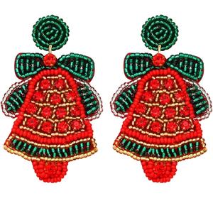 Boucles d'oreilles pendantes pour femmes, rouge et vert, nœud de fête perlé, broderie manuelle, fantaisie unique, bijoux de haute qualité pour filles. - Product Image 1
