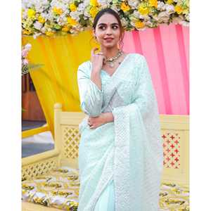 Produit très vendu : Saree indien en soie pour mariage et occasions spéciales, vêtements indiens et pakistanais, saree de mariage bleu menthe avec travail Gotta - Product Image 4