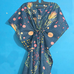 Women Blue Floral Printed Eco-Friendly Cotton <b>Kaftan</b> Dress ODM Loose Fit Beach Cover Summer <b>Maxi</b> Loungewear Resort Wear Boho - Product Image 1