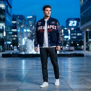 Veste de course rouge marine pour homme, manches en cuir, veste bomber Letterman, streetwear automobile, vente en gros personnalisée - Product Image 3