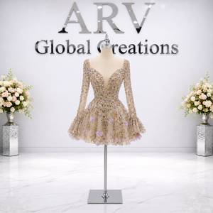 Luxury Embroidered Short Dress | Designer Deep V Neck Party Dress | Premium Beaded <b>Flare</b> Evening Outfit For Women Luxury Style - Product Image 4