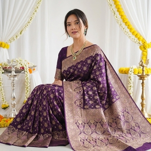 AARA Fashion <b>Purple</b> Silk <b>Saree</b> Gold Zari Work Traditional Indian Wedding Wear Sun Protection All Seasons for Women Floor Length - Product Image 1