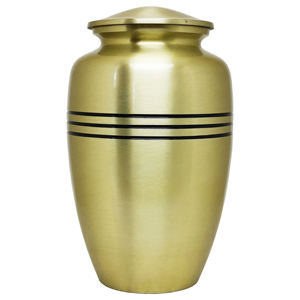 Urne funéraire en métal brossé doré pour adultes |   Bandes noires au design classique |   Mémoireurale écologique durable de 220 pouces cubes - Product Image 1
