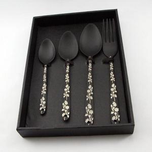 Matte <b>Black</b> Metal Flatware <b>Set</b> With Floral Handle Design Reusable Wedding Tableware Latest <b>Cutlery</b> <b>Sets</b> Gift Box Pack - Product Image 1