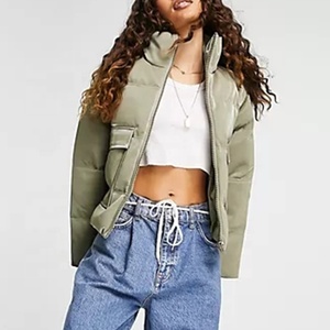 Veste matelassée en PU vert olive, col roulé, fermeture éclair, longueur courte, coupe-vent, vêtements décontractés d'hiver, unisexe - Product Image 2