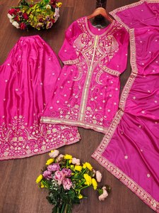Custom <b>Women</b> Rani Pink Silk Straight <b>Kurta</b> Heavy Thread Gold Zari Yoke Work Salwar Kameez - Product Image 6