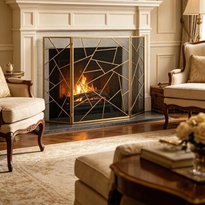 Premium Mosaic Metal Fireplace <b>Screen</b> Folding Three Panel Fine Mesh Spark Guard Decorative Steel Hearth <b>Protector</b> - Product Image 1