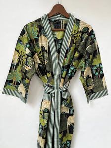 Bata Kimono con Estampado de Dibujos Animados para Mujer, Suave y Transpirable, de Algodón, para Verano, Hecha a Mano, ODM, Cuello en V, Cintura Elástica, Largo Completo - Product Image 3