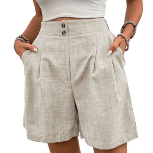 Shorts en lin beige taille haute plissés à l'avant avec fermeture boutonnée, style décontracté d'été pour homme, légers et respirants - Product Image 1