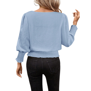Women's O-Neck Lantern Sleeve Blouse Smocked Waist Cuffs Loose Fit Casual Everyday Wear Polyester Spandex Anti-Pilling Candy - Product Image 2