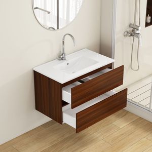 Mobile Bagno Sospeso da 32 Pollici con Doppio Cassetto a Chiusura Ammortizzata, Design Senza Maniglie in Legno Massello e Lavabo in Ceramica, Facile Installazione - Product Image 5