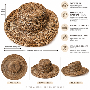 Handwoven Hand Embroidered Adjustable Natural <b>Straw</b> Boater <b>Hat</b> for Breathable Lightweight Sun Protection Travel Unisex - Product Image 1