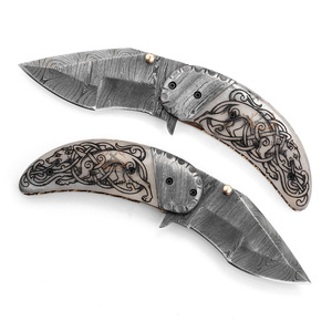 Couteau pliant personnalisé en acier Damas - Manche en os de chameau gravé au laser - Motif Celtic Hound - Qualité industrielle pour le camping et la chasse - Product Image 2