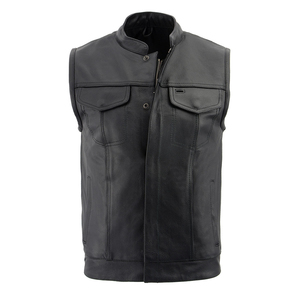 Chaleco de cuero negro para hombre al por mayor, estilo motero con paneles acolchados en los hombros, elegante chaleco sin mangas para motocicleta con cuello alto - Product Image 1