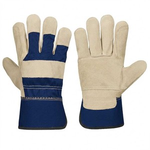 Gants de travail en cuir avec texture grainée, doigts antidérapants, bleu et beige, poignets droits, gants de sécurité polyvalents - Product Image 1